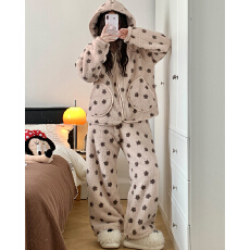 雅庭冬季新款睡衣女长毛绒拉链连帽少女可外穿家居服