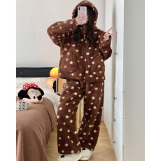 雅庭冬季新款睡衣女长毛绒拉链连帽少女可外穿家居服