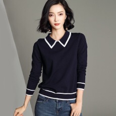 批发2026春夏新款娃娃领撞色长袖修身套头<b class='q'>毛衣</b>针织衫女打底衫上衣显瘦