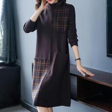 批发配大衣针织套头半高领口袋毛衣裙女中长款过膝2026宽松连衣裙秋冬