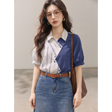 批发设计感<b class='q'>不规则</b>拼接条纹翻领短袖衬衫女夏季2026新款复古港风上衣潮