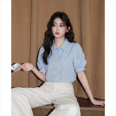 批发法式蓝色翻领短袖衬衫女夏季2026新款设计感<b class='q'>不规则</b>泡泡袖衬衣上衣