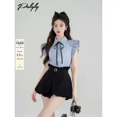 批发学院风休闲时尚套装夏季高级感甜美小个子蓝色条纹衬衫<b class='q'>短裤</b>两件套