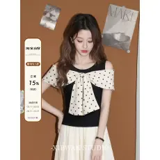 批发黑色波点蝴蝶结<b class='q'>短袖</b><b class='q'>T</b><b class='q'>恤</b>女夏上新2026新款气质独特设计感修身上衣