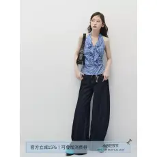 批发ANNATTO 都市浪漫 夏季设计感蓝色格纹V领挂脖背心上衣<b class='q'>牛仔</b>裤女