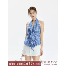 批发iNSLiiSA 蓝色撞色格纹无袖挂脖<b class='q'>背心女</b>复古法式2026夏季气质吊带