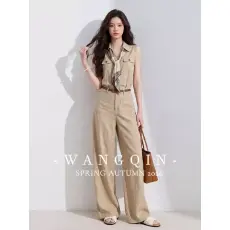 批发WANGQIN 夏天穿搭一整套高知漂亮老钱风卡其色上衣裤子两件套装女