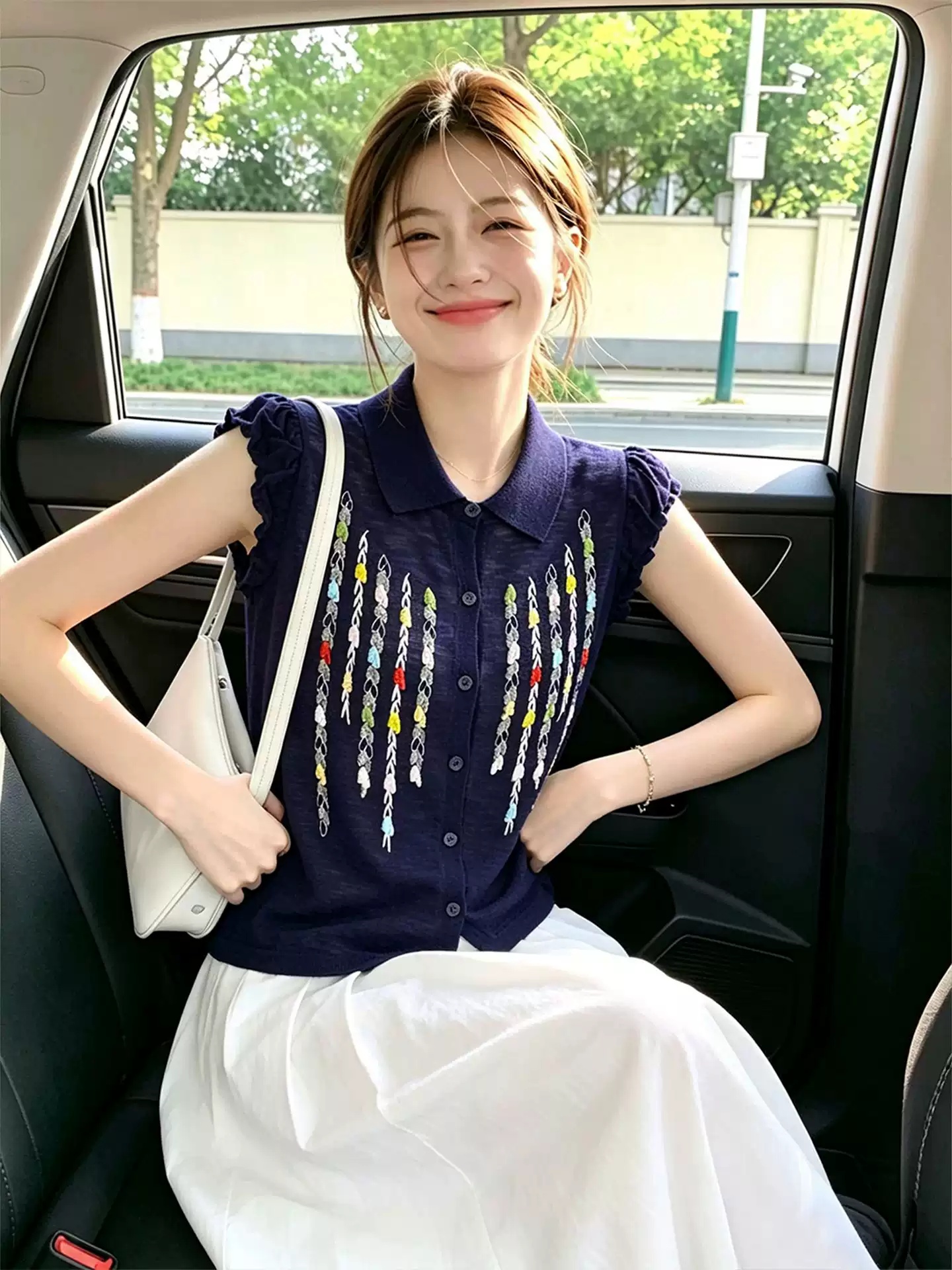 RY6419# 时尚刺绣翻领小飞袖针织开衫女夏休闲百搭减龄藏青色无袖t恤上衣