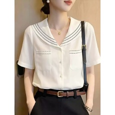 批发海军领宽松<b class='q'>短袖</b>衬衫女夏季2026年新款高级感减龄上衣衬衣小众法式