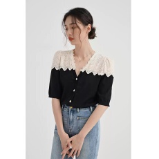 批发法丝璐高级感法式上衣设计感小众女夏季独特别致气质黑色短袖衬衫