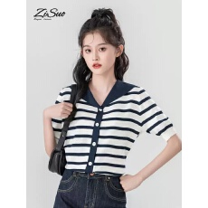 批发<b class='q'>条纹</b>冰丝<b class='q'>针织</b><b class='q'>开衫</b>女夏2024新款设计感海军领撞色短袖体恤别致上衣