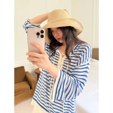 批发素舶 天丝亚麻海蓝条纹系绳夏日清凉度假感防晒透气<b class='q'>长袖</b>T恤罩衫