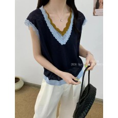 批发质感撞色蕾丝V领短款上衣女夏显瘦气质百搭温柔风减龄冰丝无袖T恤