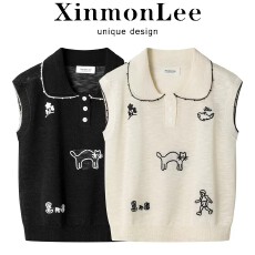 批发XinmonLee韩系甜美<b class='q'>娃娃领</b>无袖针织上衣夏季减龄显瘦短款小猫刺绣