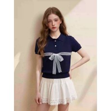 批发夏季新品韩系少女学院风polo领短袖T恤女蝴蝶结蕾丝装饰通勤上衣