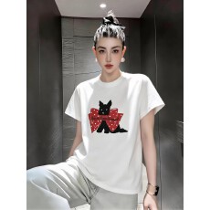 批发韩系<b class='q'>可爱</b>小狗印花短袖T恤女白色蝴蝶结设计感法式休闲风宽松上衣