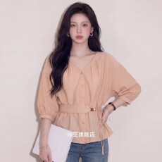 批发2026夏季新款韩式V领七分袖衬衫女橘粉色收腰绑带显瘦高级感上衣