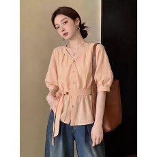 批发超好看粉色V领正肩衬衫女2026夏新款大码胖mm绑带收腰<b class='q'>七分袖</b>上衣