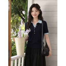 批发韩系假两件撞色polo领短袖t恤<b class='q'>女士</b>夏季时尚通勤气质上衣