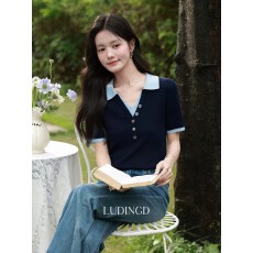 批发微胖<b class='q'>大码</b><b class='q'>女装</b>胖mm藏蓝色翻领正肩短袖T恤女夏季巨显瘦<b class='q'>上衣</b>