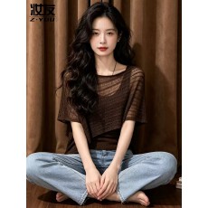 批发法式慵懒风<b class='q'>不规则</b><b class='q'>针织衫</b>女薄款短袖t恤假两件蝙蝠袖上衣2026新款