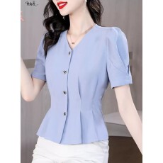 批发雪纺衬衫女短袖2026夏装新款收腰遮肚子洋气短款小个子上衣