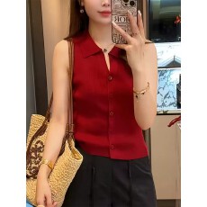 批发红色冰丝<b class='q'>针织</b>Polo领背心女2026夏季流行单品薄款外穿无袖T恤上衣