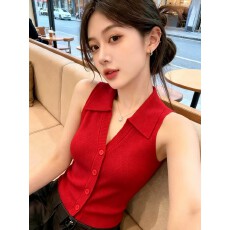 批发韩系polo领单排扣背心针织<b class='q'>开衫</b><b class='q'>女</b>2026夏季新款修身显瘦洋气上衣潮