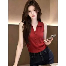 批发薄款红色v领无袖冰丝针织开衫女2026新款夏季高级感显瘦百搭上衣