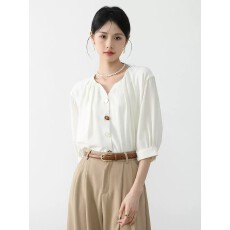 批发法式修身显瘦V领杏色<b class='q'>衬衫</b>夏季2025年新款气质高级感上衣女
