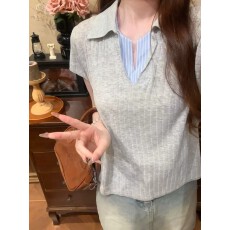 批发自留款推荐~条纹拼接POLO领短袖针织T恤女夏季新款学院风百搭上衣
