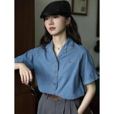 批发好质量蓝色<b class='q'>刺绣</b>简约复古设计感短袖牛仔<b class='q'>衬衫</b>女夏季新款小众上衣服