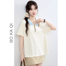 批发2024夏季新款条纹polo领宽松短袖T恤女小众设计感<b class='q'>工装</b>上衣