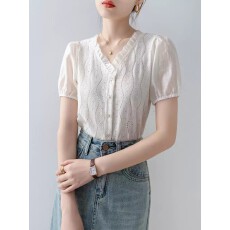 批发衬衣2026年新款女装夏季法式V领泡泡袖衬衣木耳边设计感短袖上衣