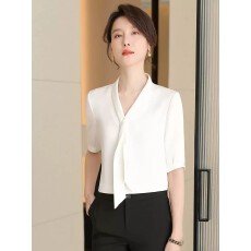 批发高级感白色<b class='q'>衬衫</b>女短袖夏季飘带设计感<b class='q'>职业</b><b class='q'>衬衣</b>气质女神范薄