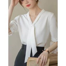 批发夏季白色衬衫女短袖飘带<b class='q'>雪纺上衣</b>教资面试正装女职业套装<b class='q'>中袖</b>衬衣