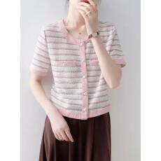 批发粉色圆领条纹上衣女2026新款爆款夏季宽松正肩设计感小众短袖t恤