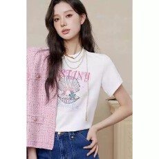 批发小众设计感春季新款度假风甜美珍珠<b class='q'>贝壳</b>字母印花棉短袖恤女