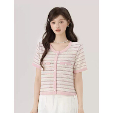 批发撞色短袖针织衫女2夏季新款休闲百搭针织开衫上衣