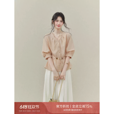 批发温柔束腰粉色V领短袖衬衫女夏系带收腰<b class='q'>七分袖</b>衬衣上衣