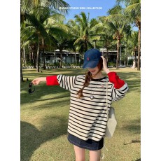 批发夏尔线谱2026春100%<b class='q'>纯棉</b>撞色条纹针织衫女圆领套头打底上衣