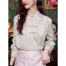 批发马面裙上衣搭配新中式改良汉服<b class='q'>衬衫女</b>装春秋新款国风v领长袖衬衣