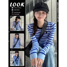 批发高级感不规则蓝色条纹毛衣长袖T恤女春季圆领休闲打底针织衫上衣