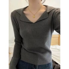 批发灰色翻领v领短款针织打底衫内搭女秋<b class='q'>冬</b>韩系穿搭修身紧身毛衣上衣