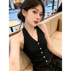 批发实拍◆法式甜辣黑色针织挂脖<b class='q'>吊带</b><b class='q'>小背心</b>女夏季坎肩无袖上衣