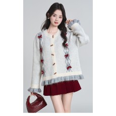 批发冬季复古撞色牛角扣针织<b class='q'>开衫</b>毛衣外套女蝴蝶结木耳边