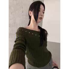 批发韩版麻花纹斜肩双排扣针织衫女2026早秋<b class='q'>新款</b>纯欲风<b class='q'>打底衫</b>