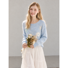 批发实拍◆立体<b class='q'>花朵</b>毛衣蓝色圆领长袖针织衫小个子宽松百搭甜美<b class='q'>上衣</b>W