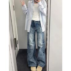 批发美式复古水洗微喇叭牛仔裤女高腰显瘦宽松直筒拖地长裤