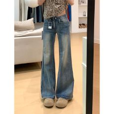批发美式复古低腰微喇牛仔裤女新款辣妹不贴腿显瘦喇叭长裤